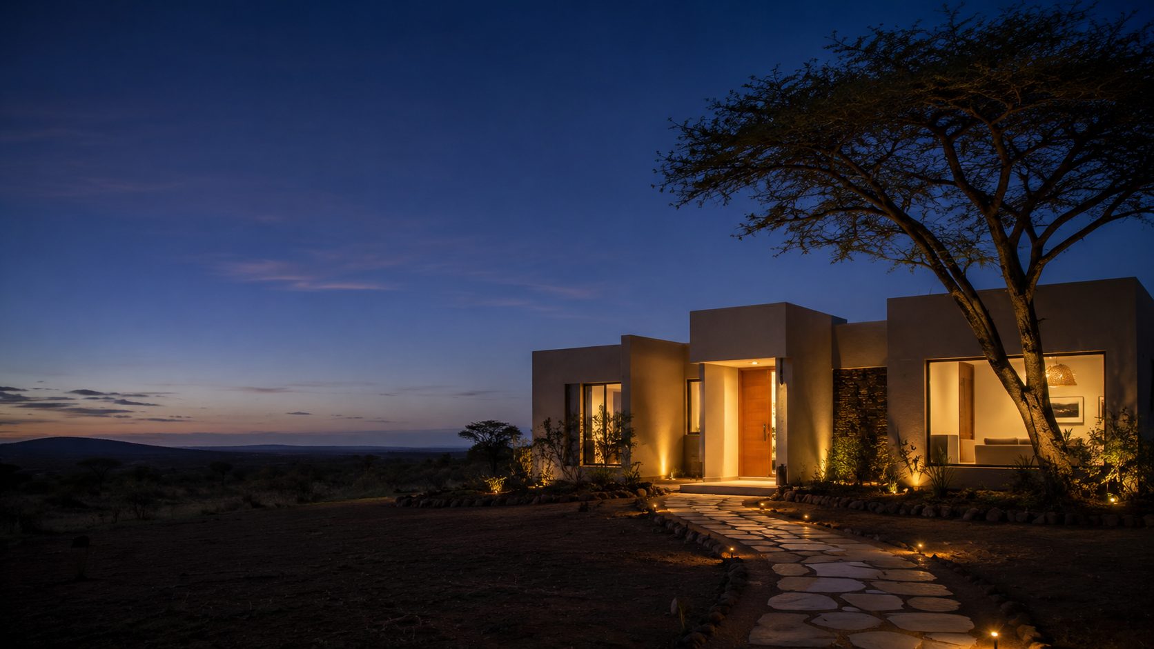 Modern verified home at dusk